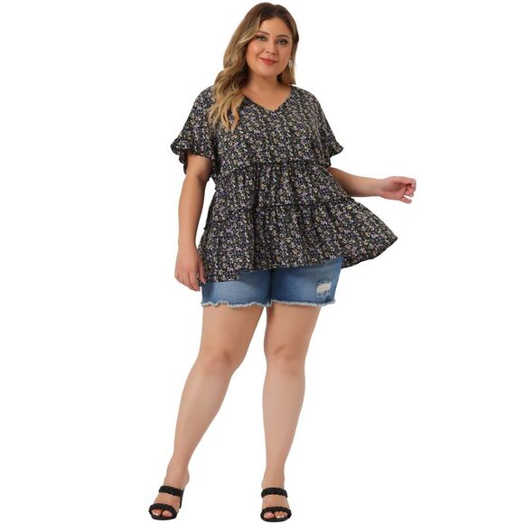 Plus Size Tops V Neck Short Sleeve Floral Babydolls Blouses Black Purple - Picture 2 of 6